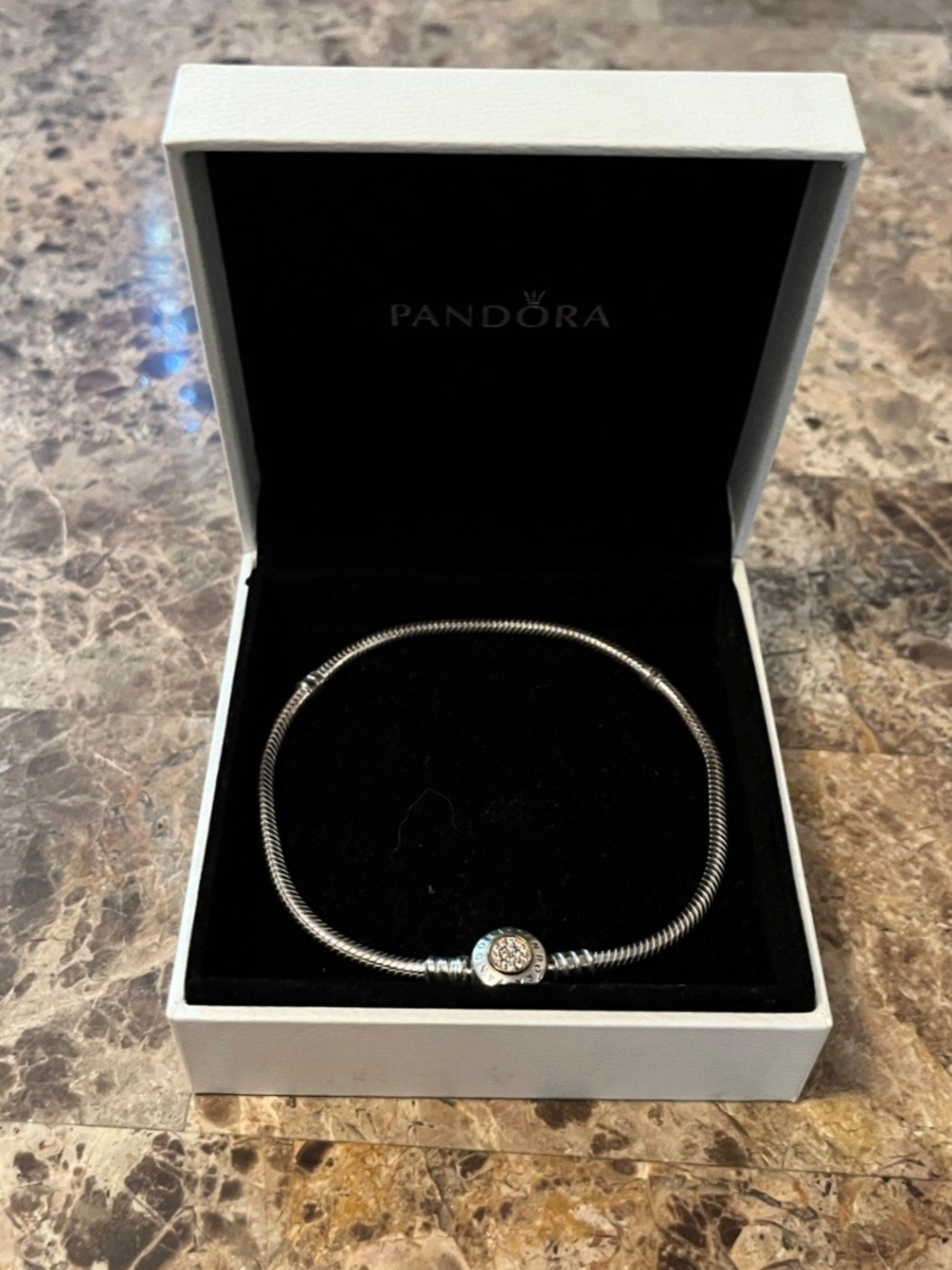 Pandora Silver Snake Chain Bracelet with Pavé Charm Clasp
